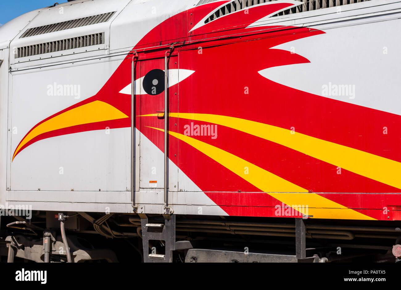 Roadrunner logo closeup on the New Mexico Rail Runner commuter train, New Mexico, USA. Stock Photo