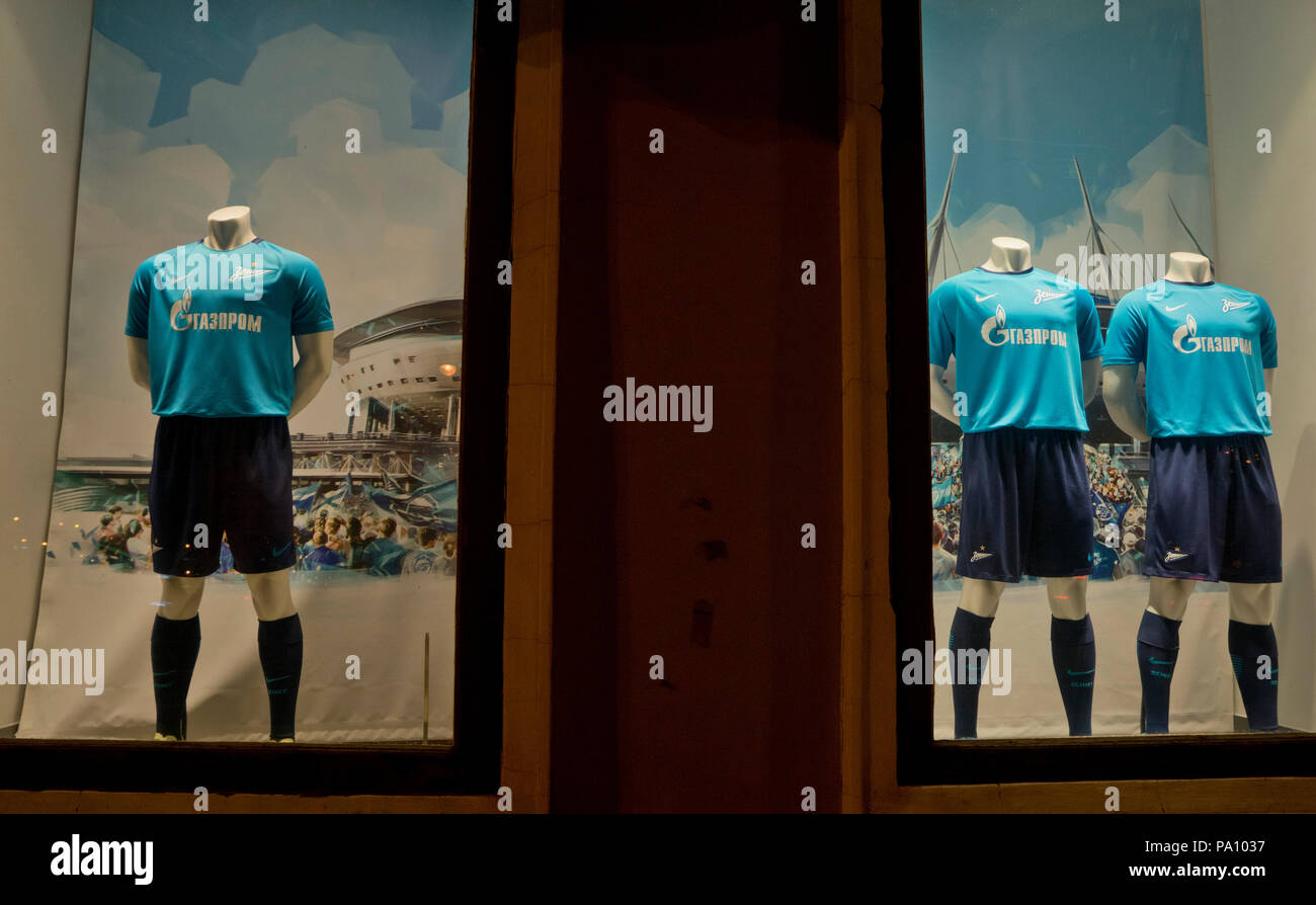 Football World Cup items on display at a souvenir shop in St.Petersburg