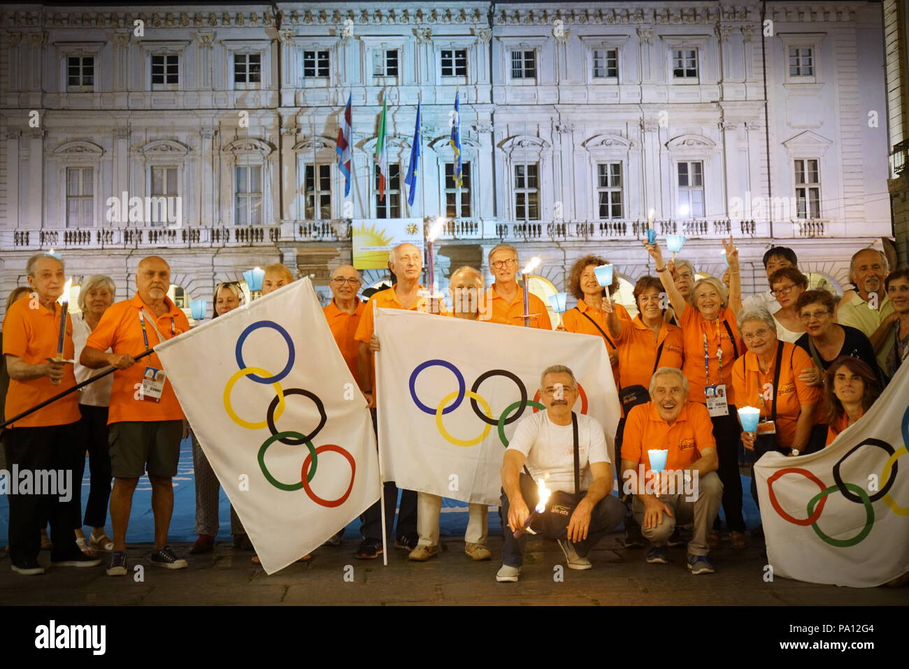Turin, Italy. 19th |July, 2018. Torchlight procession in support of Turin's Olympic candidate city for the 2026 Winter Games. Stock Photo