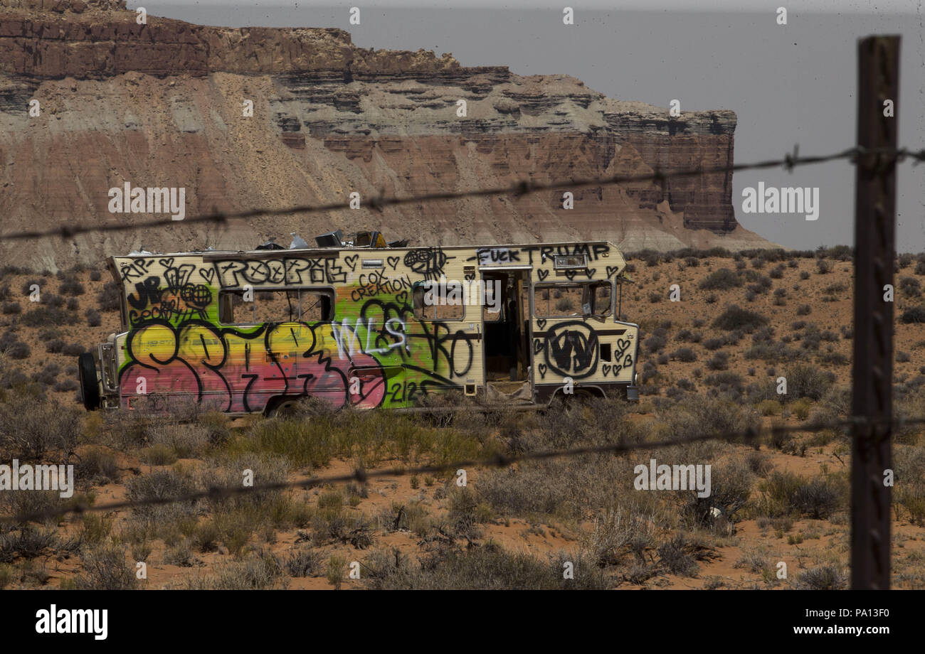 Hanksville, Utah, USA. 30th June, 2018. The Magic Bus sits covered in graffiti on desert land along UT 95 south of Hanksville, Utah, on Saturday, June 30, 2018. Credit: L.E. Baskow/ZUMA Wire/Alamy Live News Stock Photo