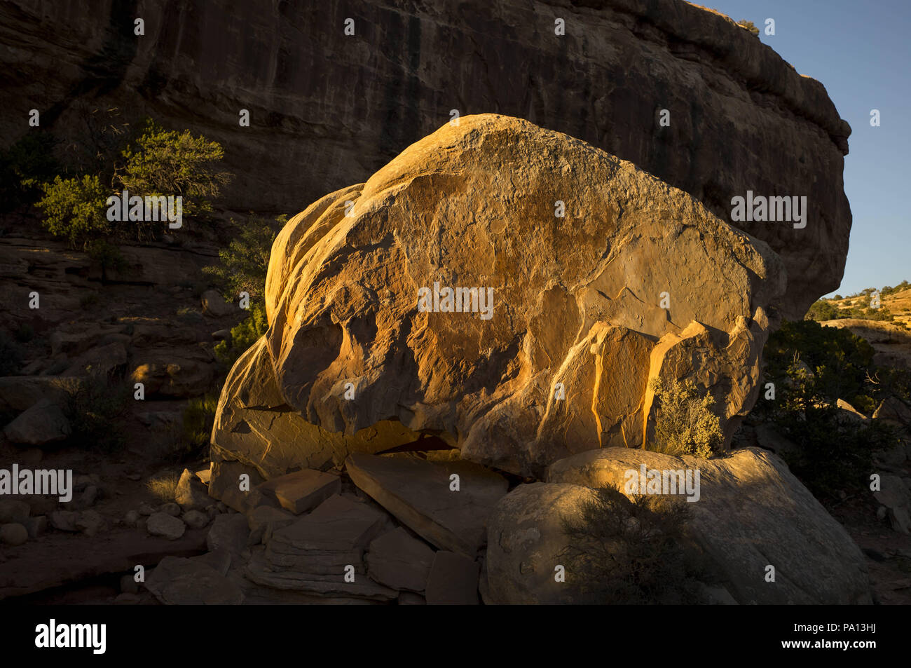 Utah, USA. 29th June, 2018. A boulder catch the waning light about the Owachomo Bridge in the Natural Bridges National Monument, Utah, on Friday, June 29, 2018. Credit: L.E. Baskow/ZUMA Wire/Alamy Live News Stock Photo