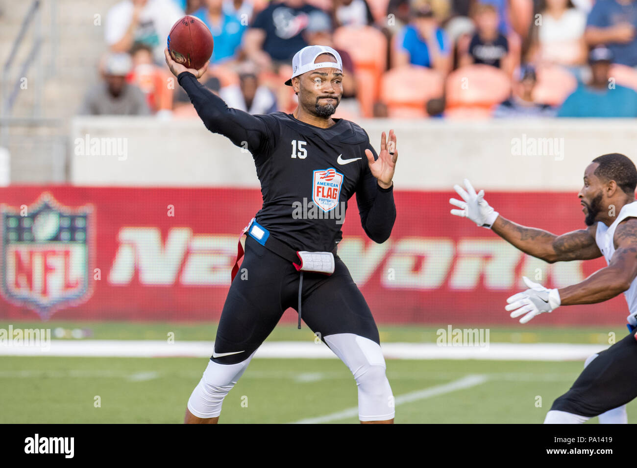 Houston, TX, USA. 19th July, 2018. Godspeed quarterback Seneca Wallace (15) throws a pass during the American Flag Football League Ultimate Final between Godspeed and Fighting Cancer at BBVA Compass Stadium in Houston, TX. Trask Smith/CSM/Alamy Live News Stock Photo