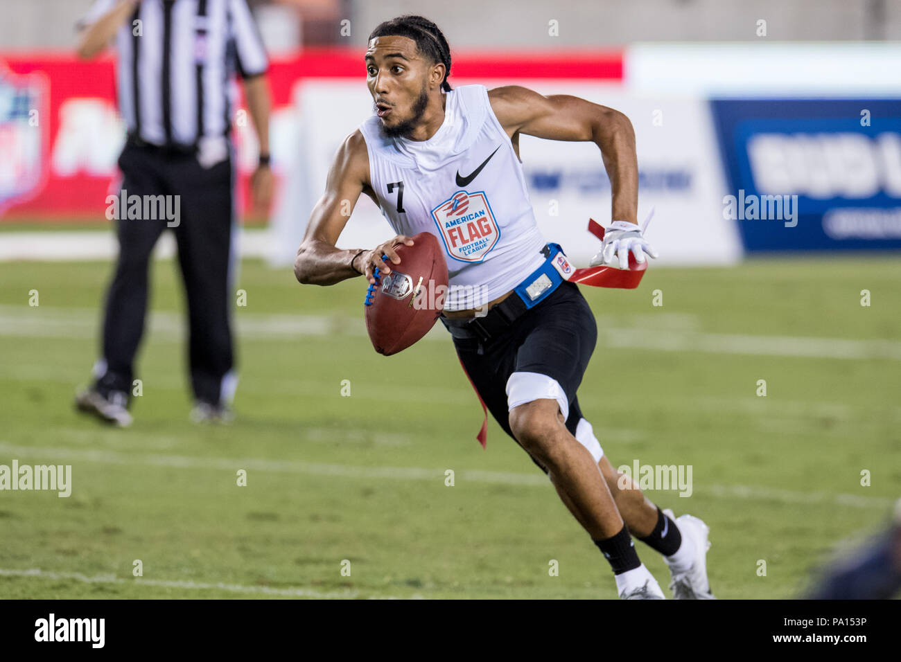 Houston, TX, USA. 19th July, 2018. Fighting Cancer quarterback Darrell Doucette (7) runs with the ball during the American Flag Football League Ultimate Final between Godspeed and Fighting Cancer at BBVA Compass Stadium in Houston, TX. Fighting Cancer won the game 26 to 6.Trask Smith/CSM/Alamy Live News Stock Photo