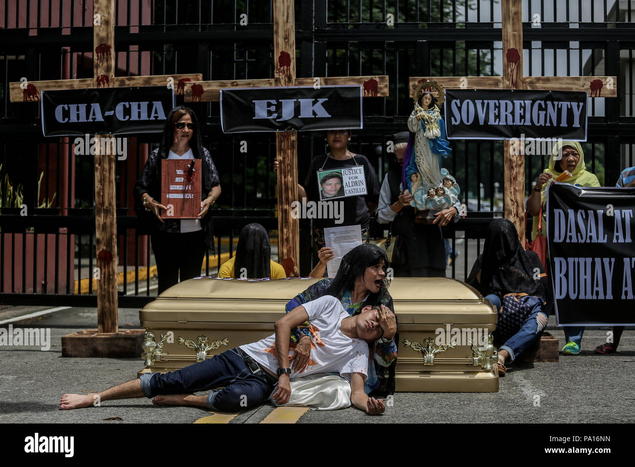 July 19, 2018 Quezon City, Philippines Activists with wooden