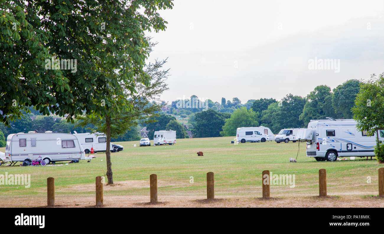 Northampton. U.K. 19th May 2018. Travellers moved onto Abington Park Wednesday afternoon and was visited by police yesterday, despite posts being erected around the park to stop the problem, (fourth time in four months) the entrances are still waiting to have telescopic metal posts installed, new signs have been erected which can’t be enforced until the entrances are secured. Credit: Keith J Smith./Alamy Live News - Stock Image