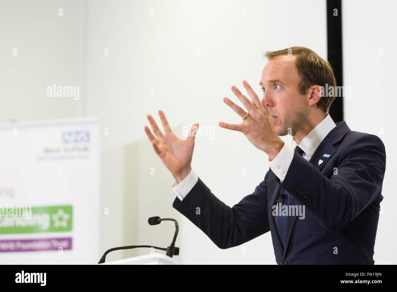 Bury St Edmunds, UK. 20th July 2018. Matt Hancock newly appointed Health and Social Care Secretary unveils nearly half a billion pounds funding to NHS, at the West Suffolk Hospital. Stock Photo