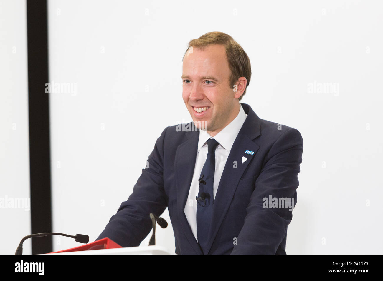 Bury St Edmunds, UK. 20th July 2018. Matt Hancock newly appointed Health and Social Care Secretary unveils nearly half a billion pounds funding to NHS, at the West Suffolk Hospital. Stock Photo