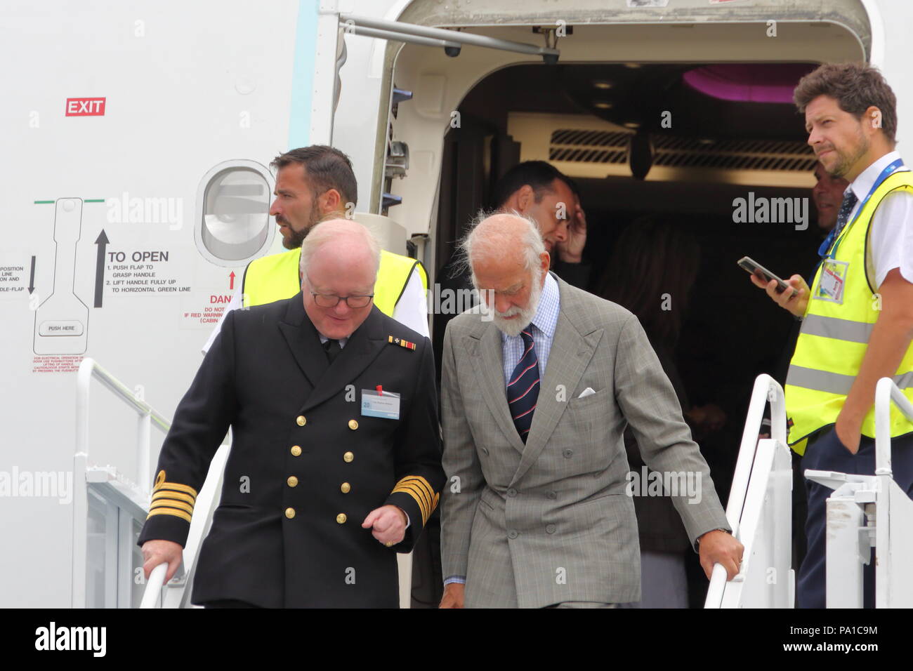 Farnborough, UK. 20th July 2018. Prince Michael of Kent inspected the latest Airbus A220-300 and an A380 in the 'Save the Coral Reefs' livery. He was accompanied by Vice Admiral Lord Sterling of Plaistow. Credit: Uwe Deffner/Alamy Live News Stock Photo