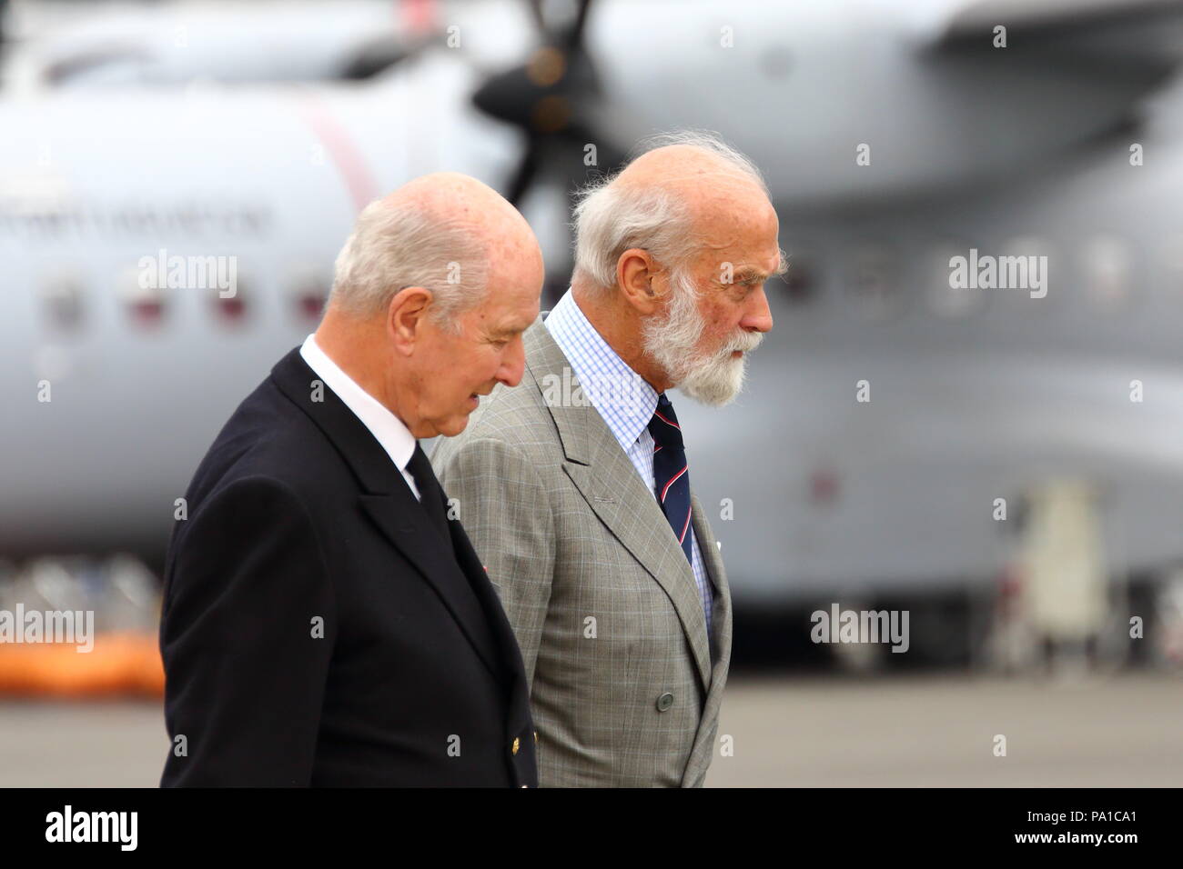 Farnborough, UK. 20th July 2018. Prince Michael of Kent inspected the latest Airbus A220-300 and an A380 in the 'Save the Coral Reefs' livery. He was accompanied by Vice Admiral Lord Sterling of Plaistow. Credit: Uwe Deffner/Alamy Live News Stock Photo