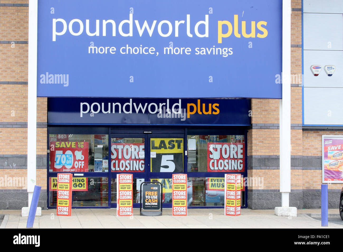 Rochdale, UK. 20th July 2018. It has been announced that Poundeworld will cease to exist on high streets from next month with administrators saying it had failed to find a buyer.  Poundland Plus store on Kingsway retail park is holding a closing down sale,Kingsway, Rochdale,20th July, 2018 (C)Barbara Cook/Alamy Live News Stock Photo