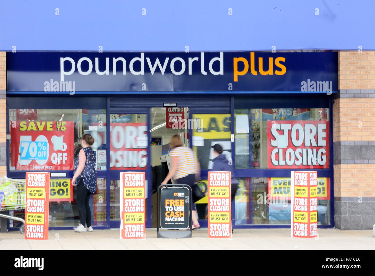 Rochdale, UK. 20th July 2018. It has been announced that Poundeworld will cease to exist on high streets from next month with administrators saying it had failed to find a buyer.  Poundland Plus store on Kingsway retail park is holding a closing down sale,Kingsway, Rochdale,20th July, 2018 (C)Barbara Cook/Alamy Live News Stock Photo