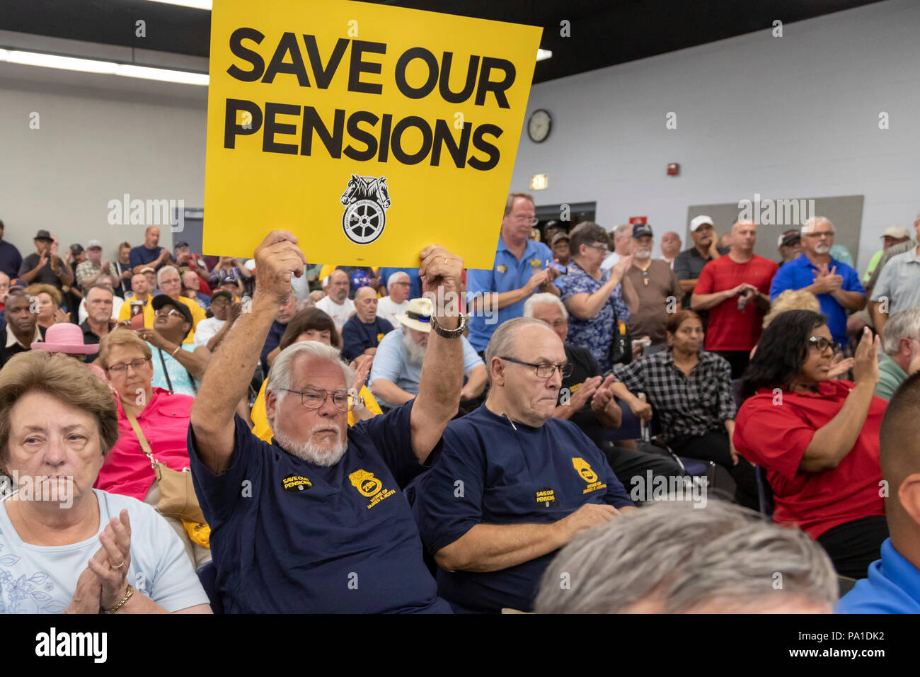 Detroit, Michigan USA - 20 July 2018 - Teamsters and members of other unions rally at a town hall meeting to save their pensions. More than 300 multiemployer pension plans across the country are in financial difficulty. The unions want Congress to pass the Butch Lewis Act to protect pension benefits. Credit: Jim West/Alamy Live News Stock Photo