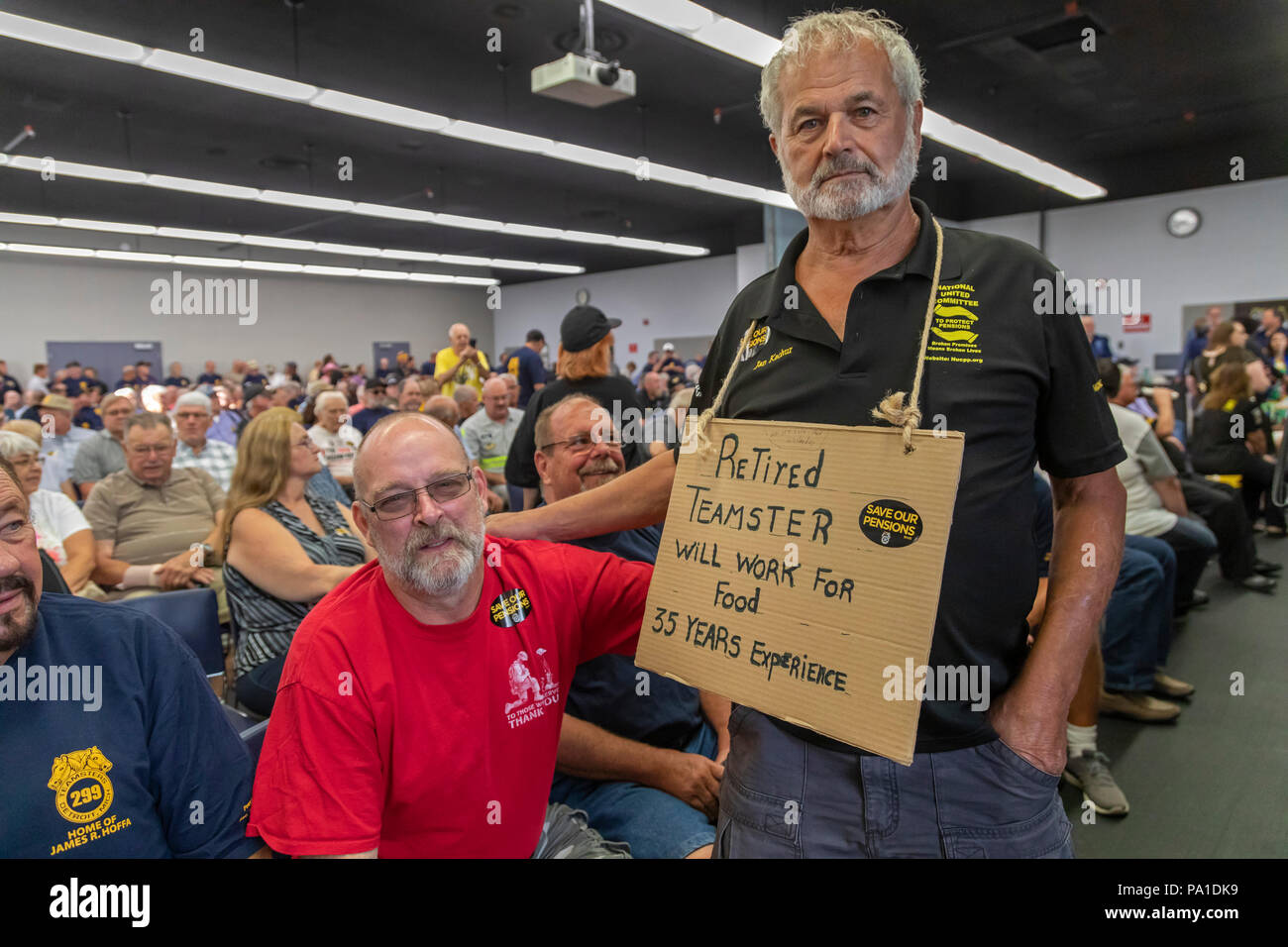 Detroit, Michigan USA - 20 July 2018 - Teamsters and members of other unions rally at a town hall meeting to save their pensions. More than 300 multiemployer pension plans across the country are in financial difficulty. The unions want Congress to pass the Butch Lewis Act to protect pension benefits. Credit: Jim West/Alamy Live News Stock Photo