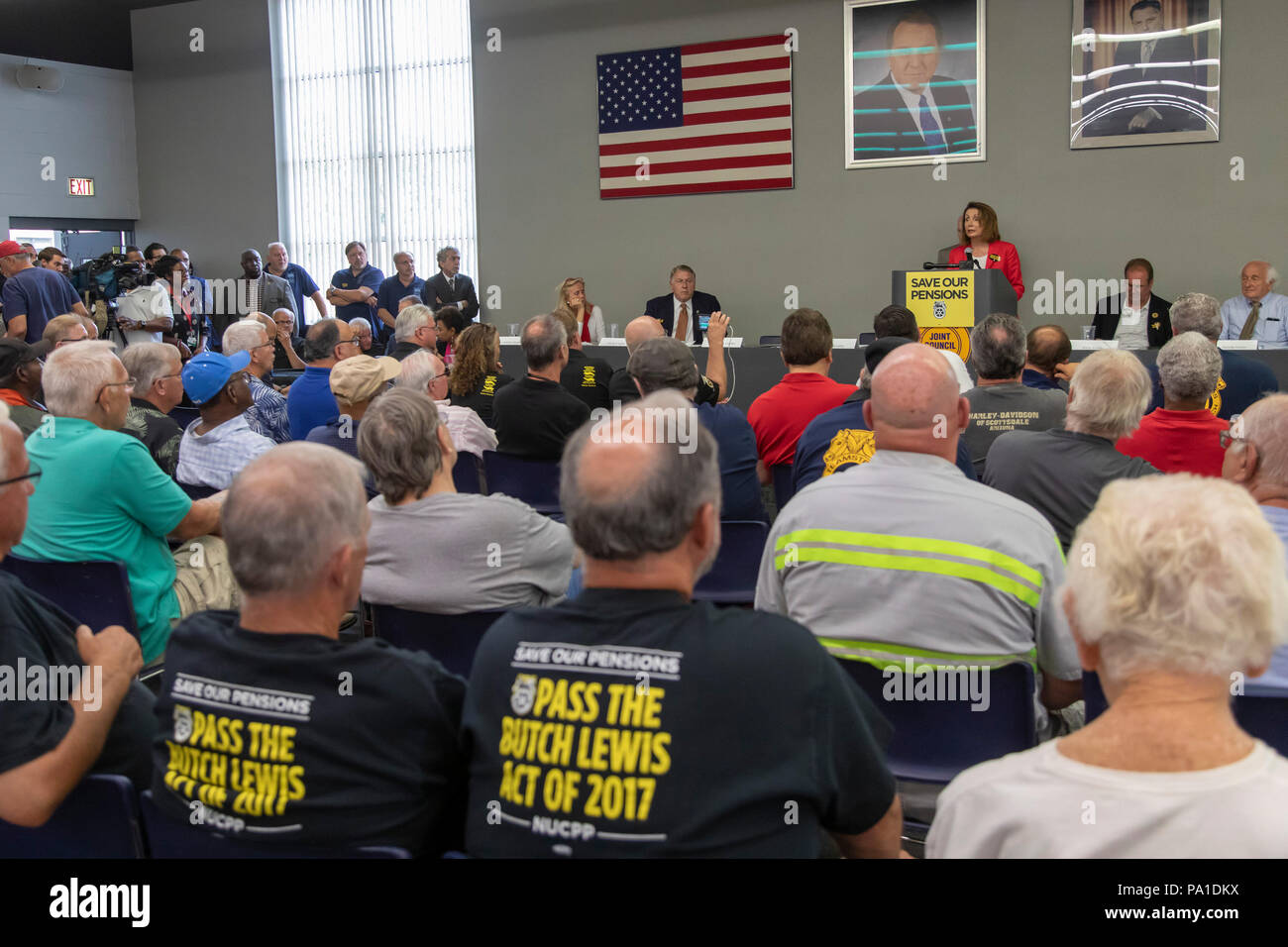 Detroit, Michigan USA - 20 July 2018 - House of Representatives Minority Leader Nancy Pelosi speaks as Teamsters and members of other unions rally to save their pensions. More than 300 multiemployer pension plans across the country are in financial difficulty. The unions want Congress to pass the Butch Lewis Act to protect pension benefits. Credit: Jim West/Alamy Live News Stock Photo