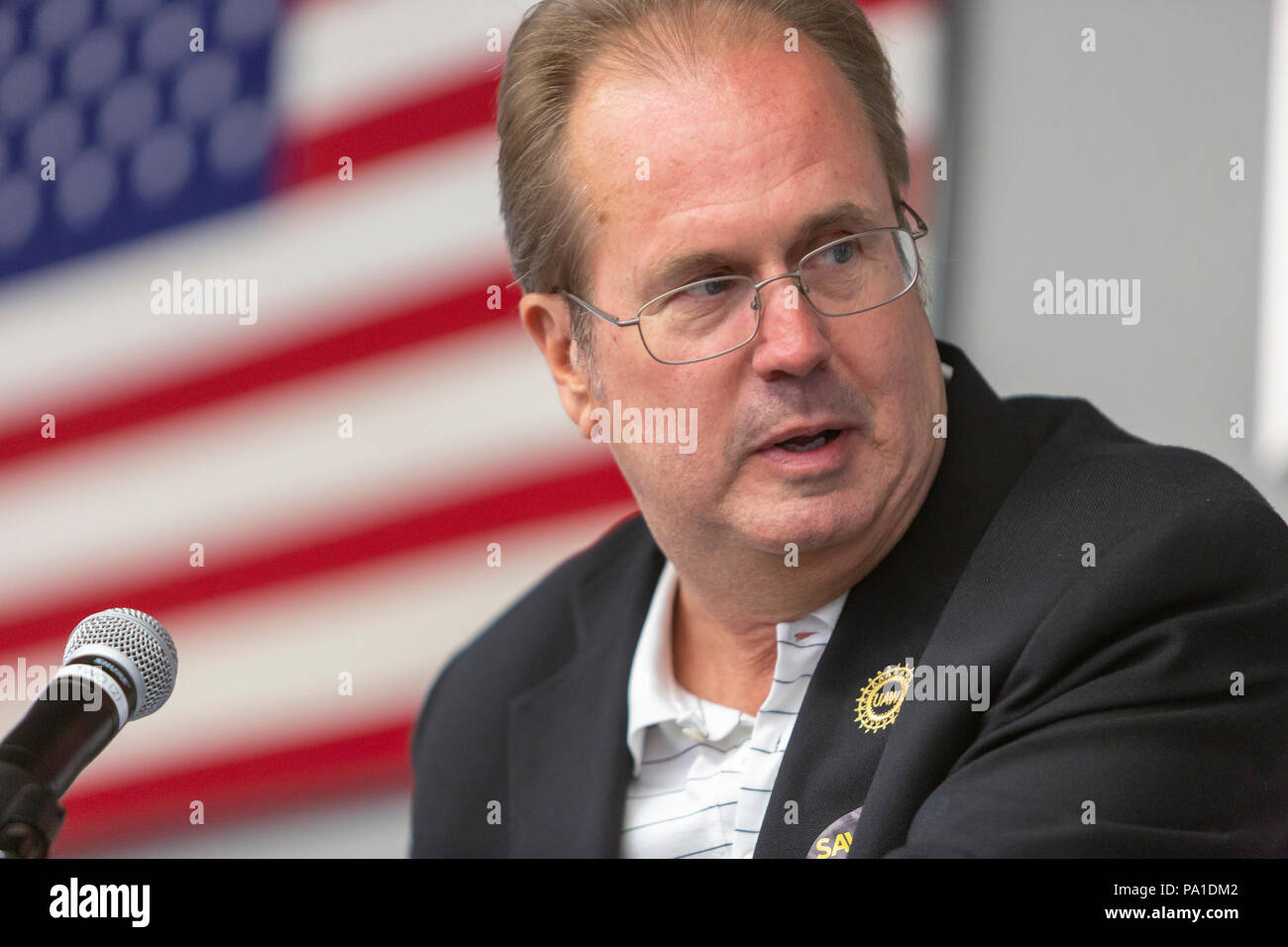 Detroit, Michigan USA - 20 July 2018 - United Auto Workers President Gary Jones speaks as union members rally to save their pensions. More than 300 multiemployer pension plans across the country are in financial difficulty. The unions want Congress to pass the Butch Lewis Act to protect pension benefits. Credit: Jim West/Alamy Live News Stock Photo