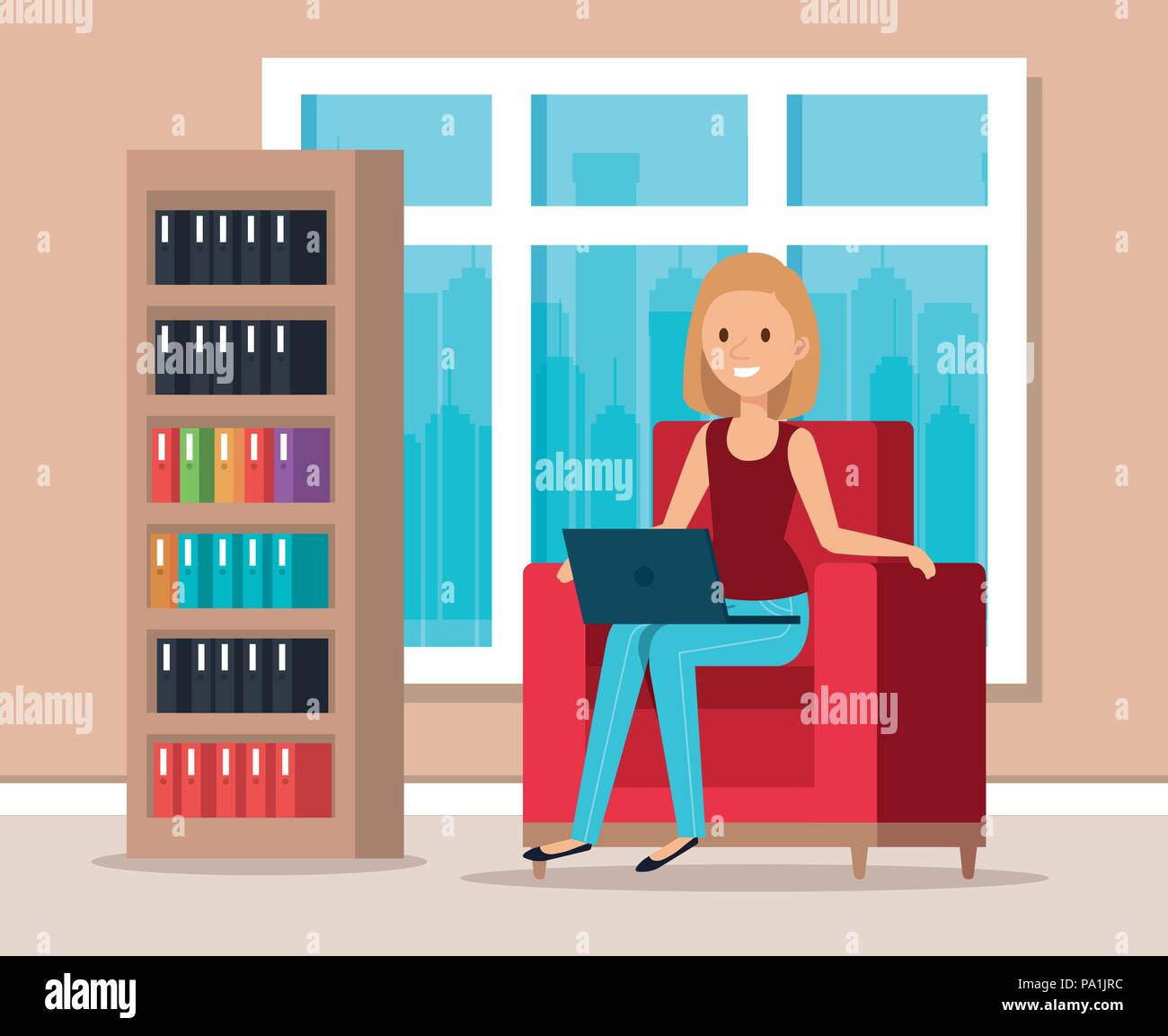 woman with laptop in the library scene Stock Vector