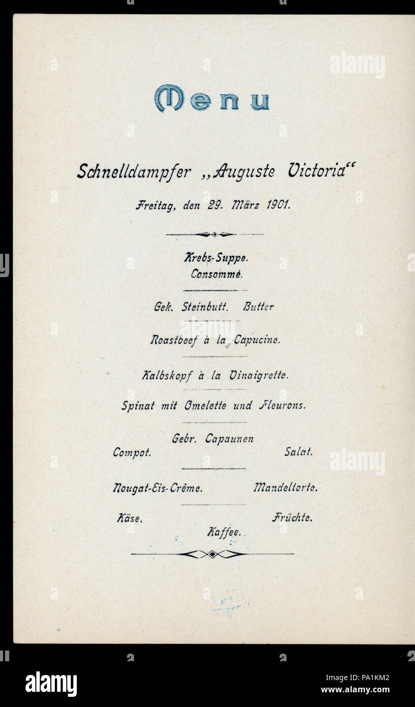 544 DINNER (held by) HAMBURG-AMERIKA LINIE (at) SS AUGUSTE VICTORIA (SS;) (NYPL Hades-275903-4000013032) Stock Photo