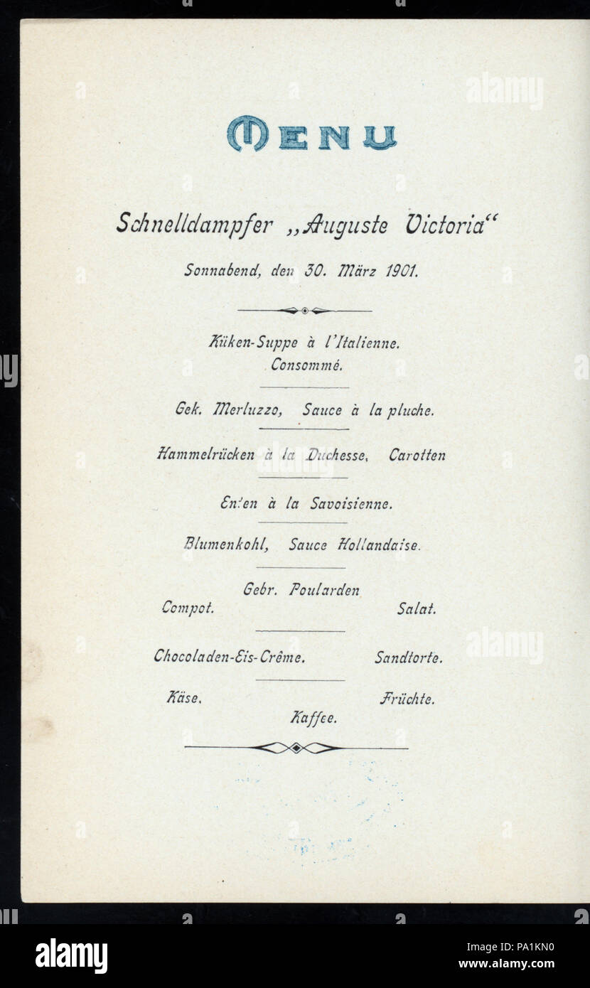 544 DINNER (held by) HAMBURG-AMERIKA LINIE (at) SS AUGUSTE VICTORIA (SS;) (NYPL Hades-275911-4000013047) Stock Photo