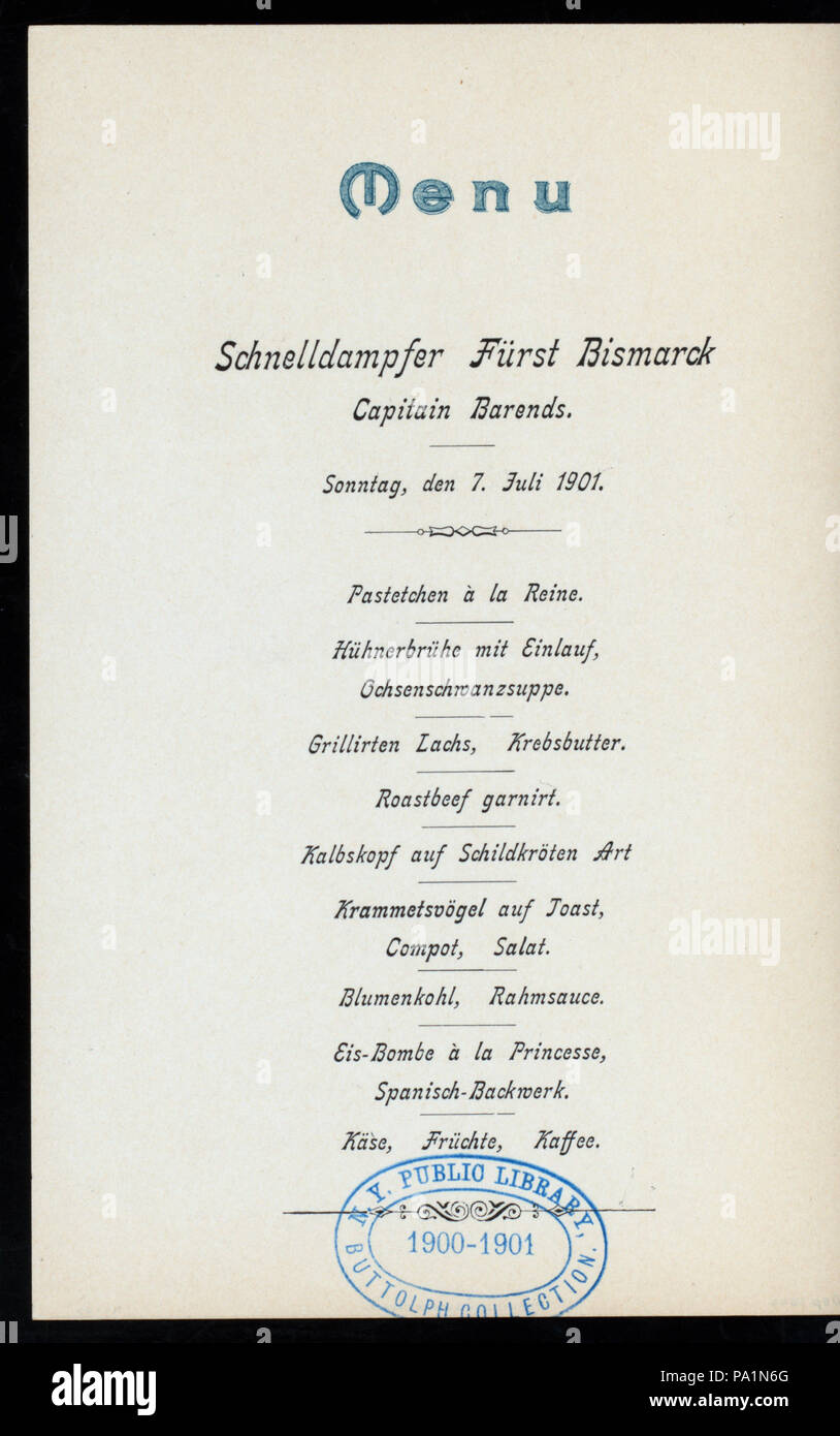 544 DINNER (held by) HAMBURG-AMERIKA LINIE (at) SS FURST BISMARCK (SS;) (NYPL Hades-276926-4000014484) Stock Photo