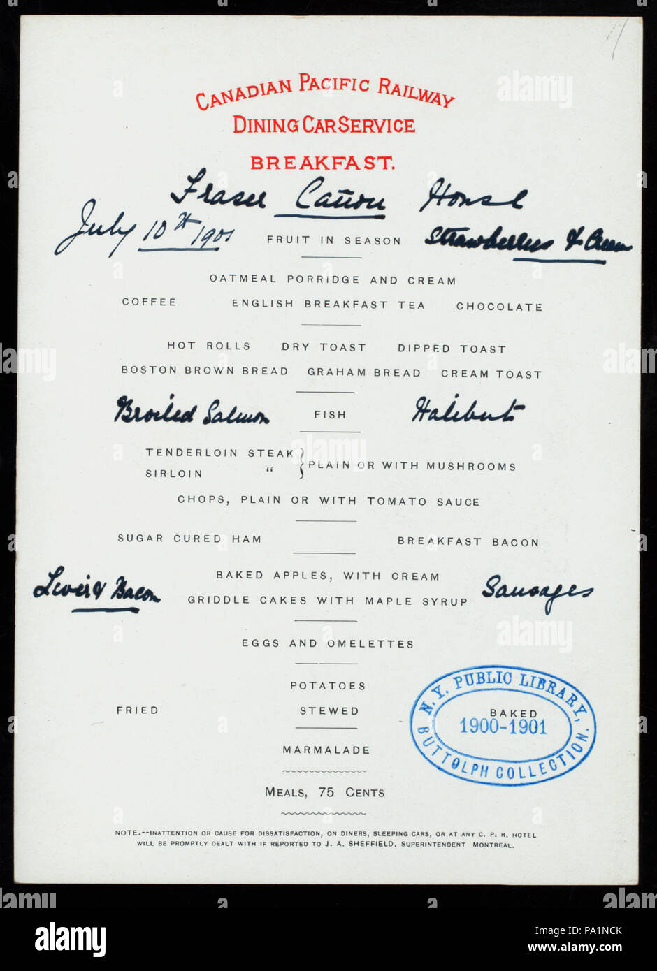 233 BREAKFAST (held by) CANADIAN PACIFIC RAILWAY (at) DINING CAR (RR;) (NYPL Hades-277022-469417) Stock Photo