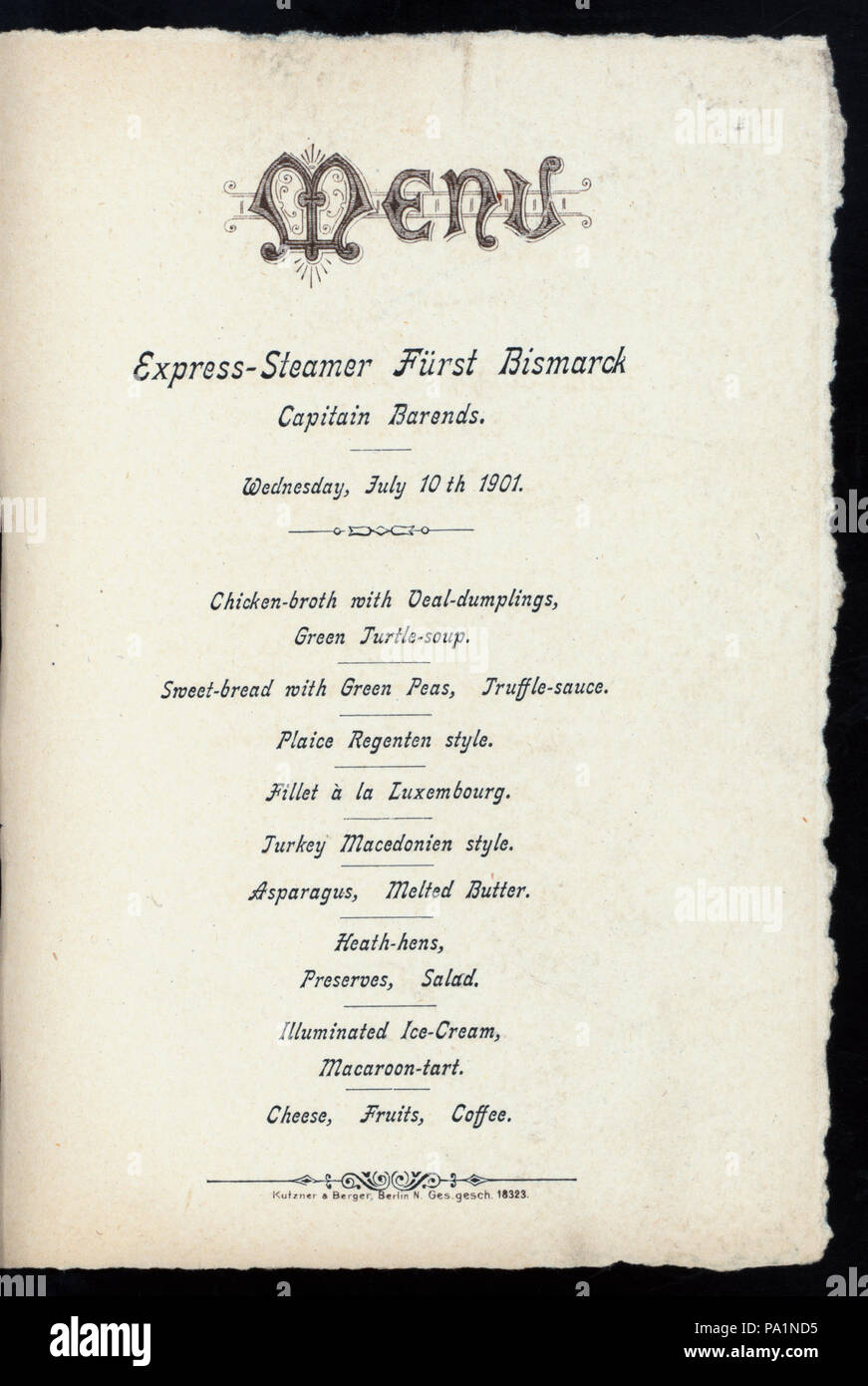 543 DINNER (held by) HAMBURG-AMERIKA LINIE (at) EN ROUTE ABOARD EXPRESS STEAMER FURST BISMARCK (SS;) (NYPL Hades-277024-4000014531) Stock Photo