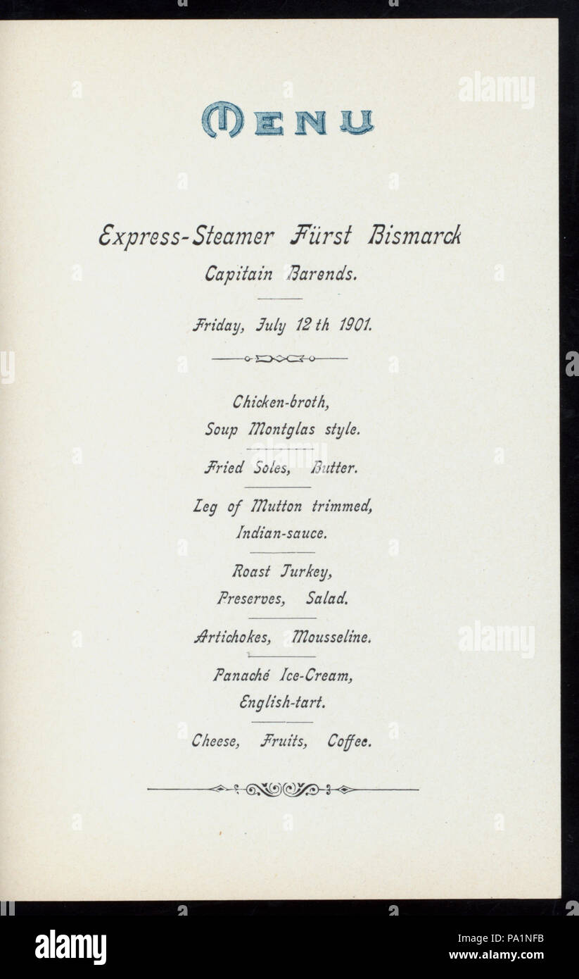 543 DINNER (held by) HAMBURG-AMERIKA LINIE (at) EN ROUTE ABOARD EXPRESS STEAMER FURST BISMARCK (SS;) (NYPL Hades-277052-4000014580) Stock Photo