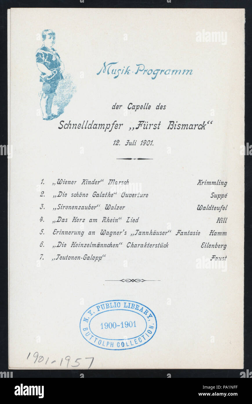 543 DINNER (held by) HAMBURG-AMERIKA LINIE (at) EN ROUTE ABOARD EXPRESS STEAMER FURST BISMARCK (SS;) (NYPL Hades-277052-4000014581) Stock Photo