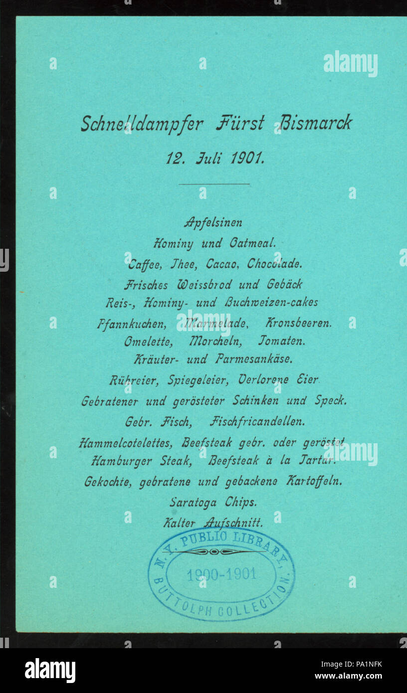 235 BREAKFAST (held by) HAMBURG-AMERIKA LINIE (at) EN ROUTE ABOARD EXPRESS STEAMER FURST BISMARCK (SS;) (NYPL Hades-277053-4000014582) Stock Photo