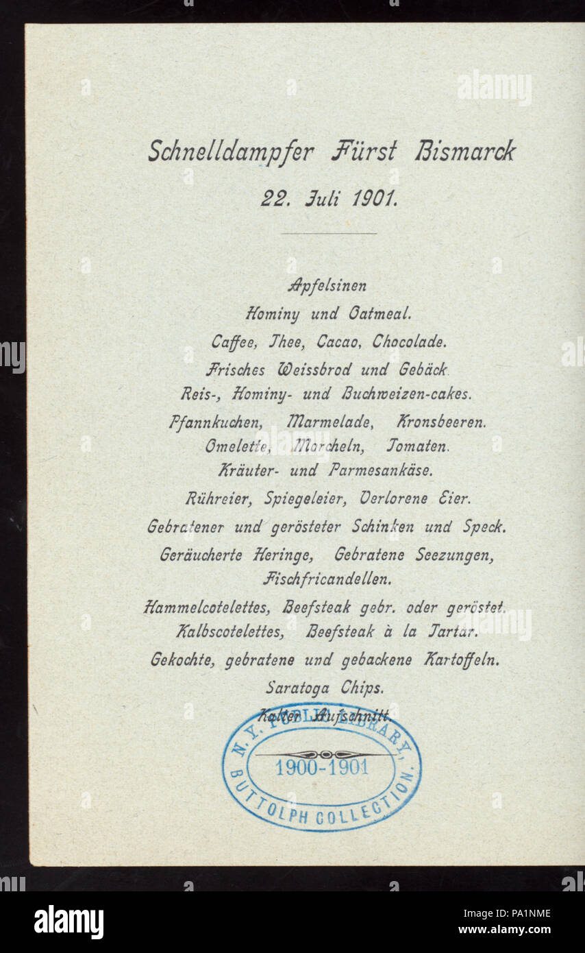 235 BREAKFAST (held by) HAMBURG-AMERIKA LINIE (at) EN ROUTE ABOARD EXPRESS STEAMER FURST BISMARCK (SS;) (NYPL Hades-277092-4000014636) Stock Photo