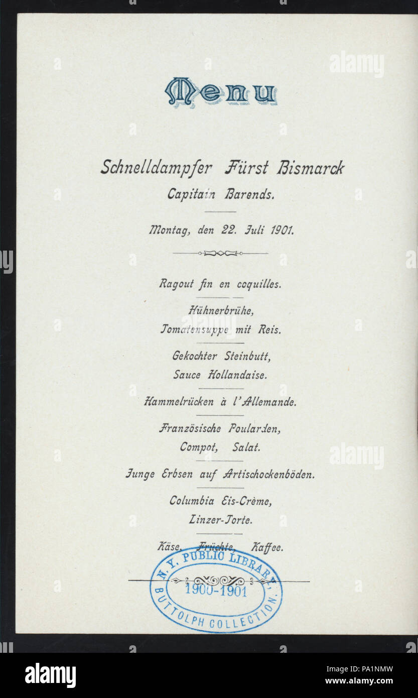 543 DINNER (held by) HAMBURG-AMERIKA LINIE (at) EN ROUTE ABOARD EXPRESS STEAMER FURST BISMARCK (SS;) (NYPL Hades-277093-4000014639) Stock Photo