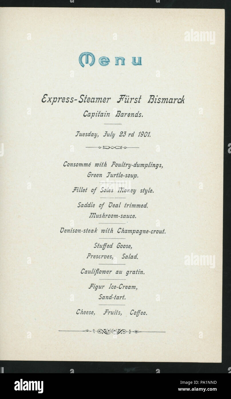 543 DINNER (held by) HAMBURG-AMERIKA LINIE (at) EN ROUTE ABOARD EXPRESS STEAMER FURST BISMARCK (SS;) (NYPL Hades-277099-4000014650) Stock Photo