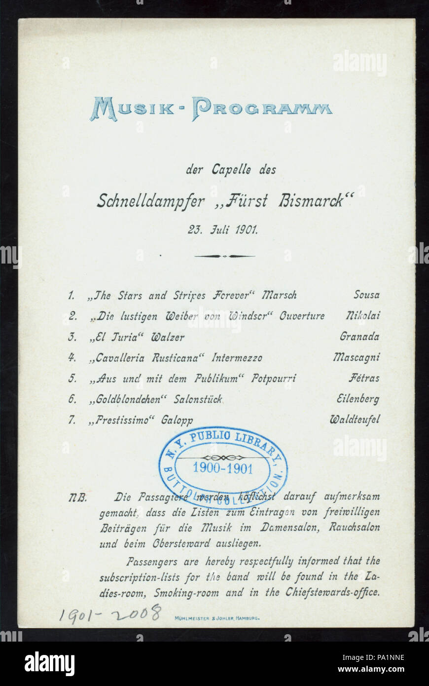 543 DINNER (held by) HAMBURG-AMERIKA LINIE (at) EN ROUTE ABOARD EXPRESS STEAMER FURST BISMARCK (SS;) (NYPL Hades-277099-4000014651) Stock Photo