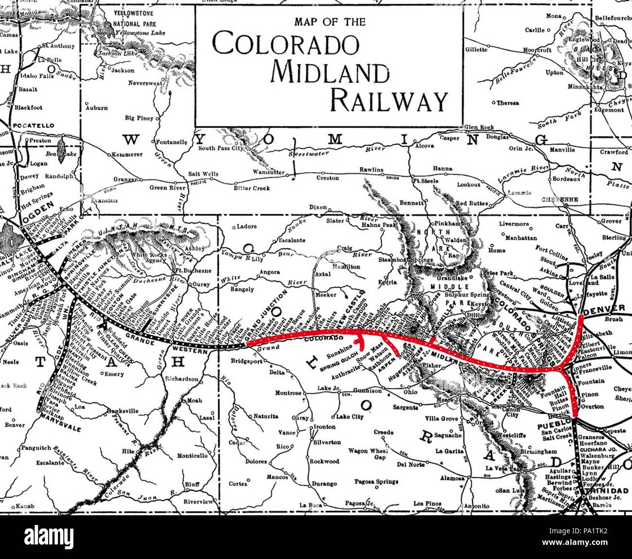 ca. 1900 map of the Colorado Midland Railway, unfortunately cropped at the  edges . circa 1900 337 Colorado Midland Railway map Stock Photo - Alamy