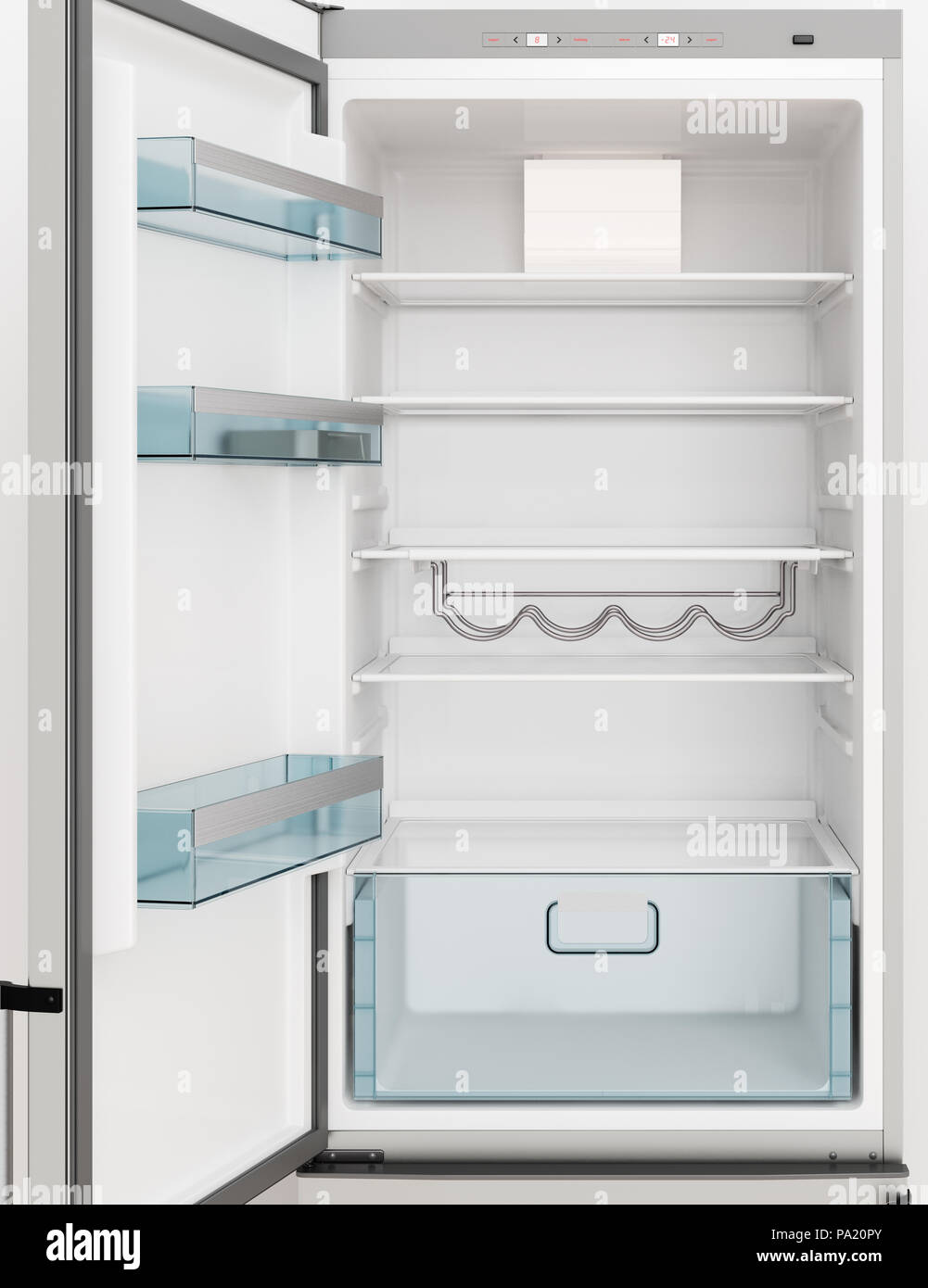 Empty fridge with open door. 3d illustration. Stock Photo