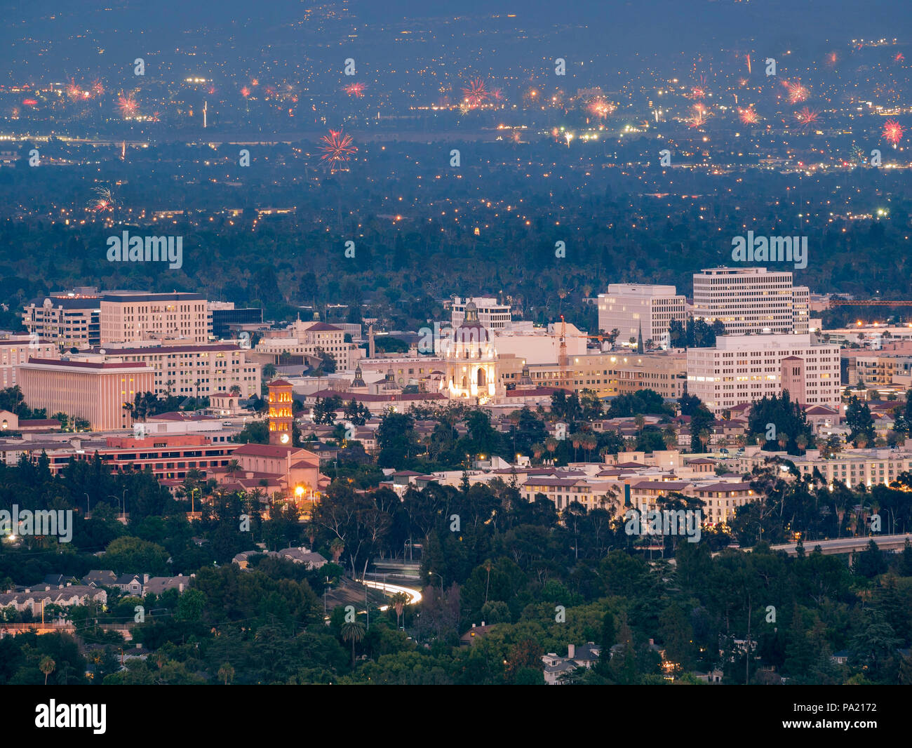 The beautiful Rose Bowl, Pasadena City hall and Pasadena downtown view