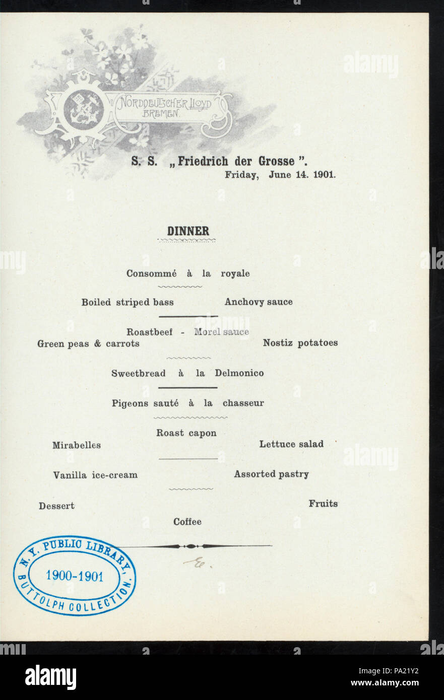553 DINNER (held by) NORDDEUTSCHER LLOYD BREMEN (at) SS FRIEDRICH DER GROSSE (SS;) (NYPL Hades-276671-4000014128) Stock Photo