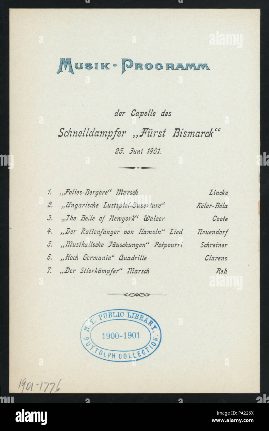 544 DINNER (held by) HAMBURG-AMERIKA LINIE (at) SS FURST BISMARCK (SS;) (NYPL Hades-276816-4000014308) Stock Photo