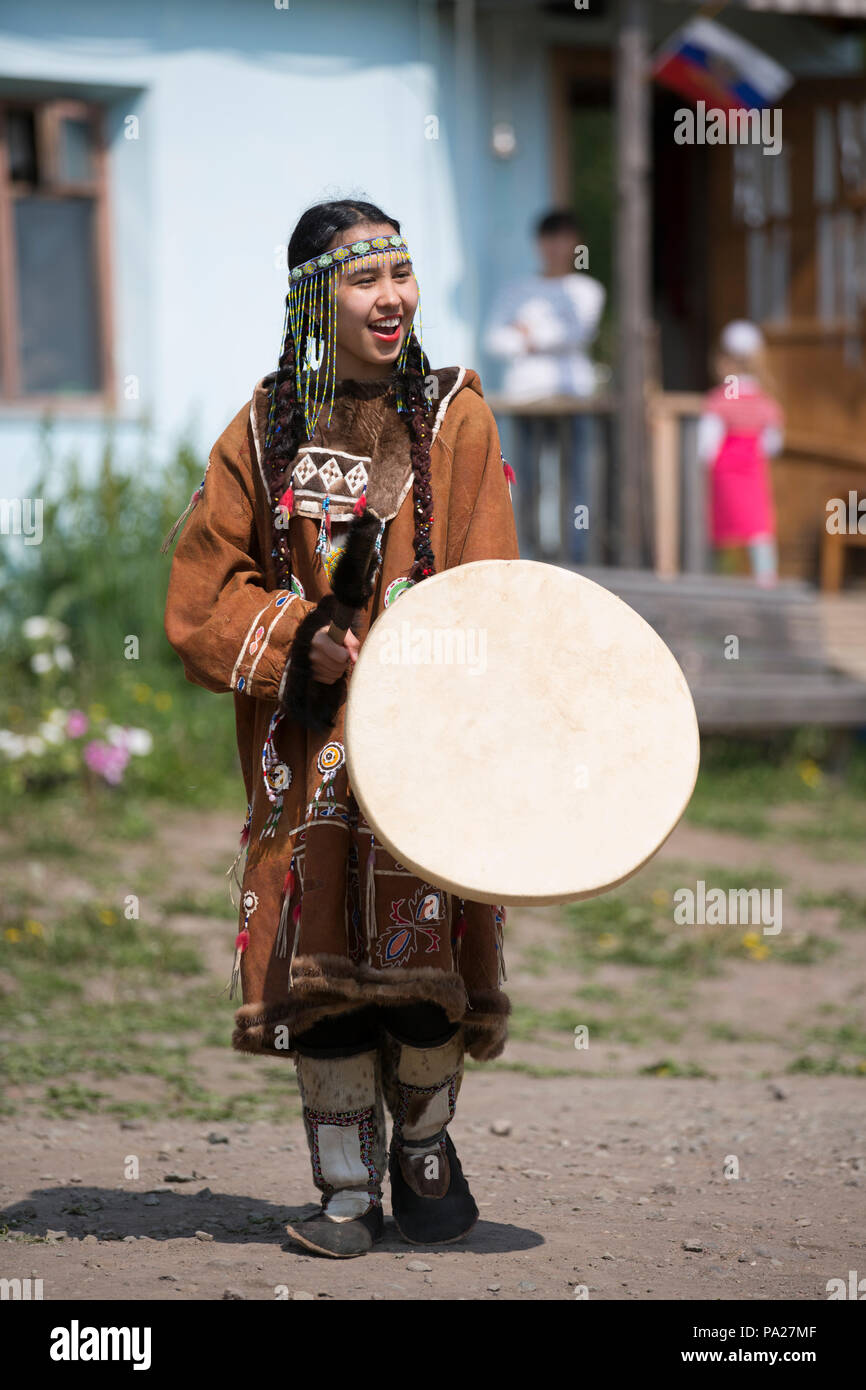 Woman with drum, Petropavlovsk-Kamchatskiy, Kamchatka Stock Photo