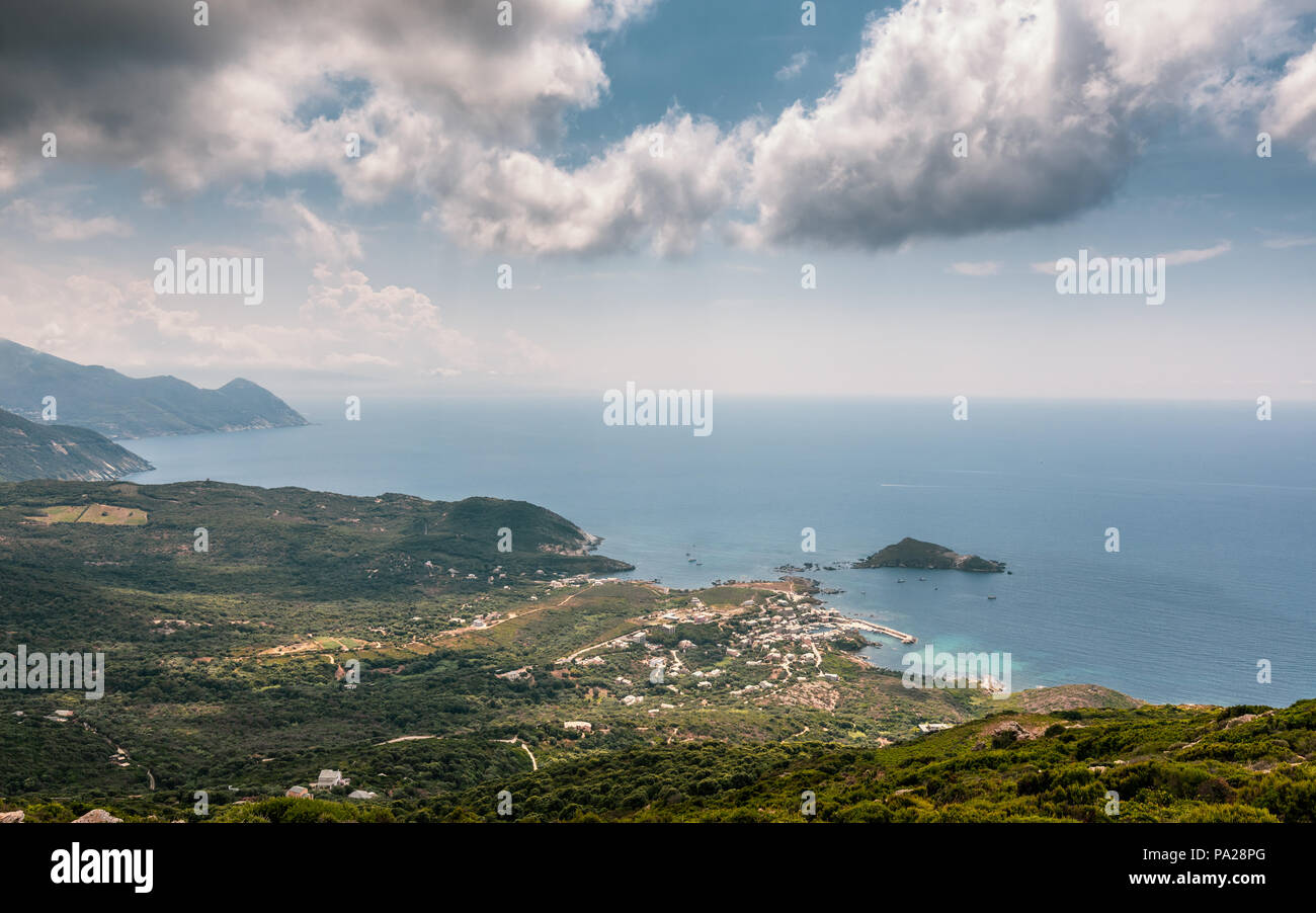 View looking down onto the Port of Centuri and island of Capense and the coast of Cap Corse in northern Corsica Stock Photo