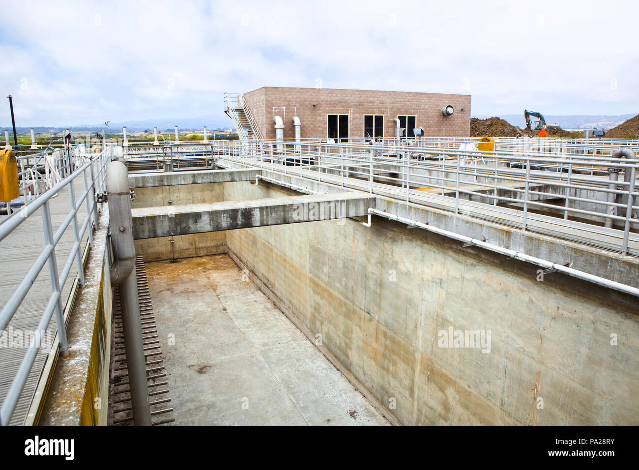 Offline, empty aeration basin at a wastewater treatment plant Stock