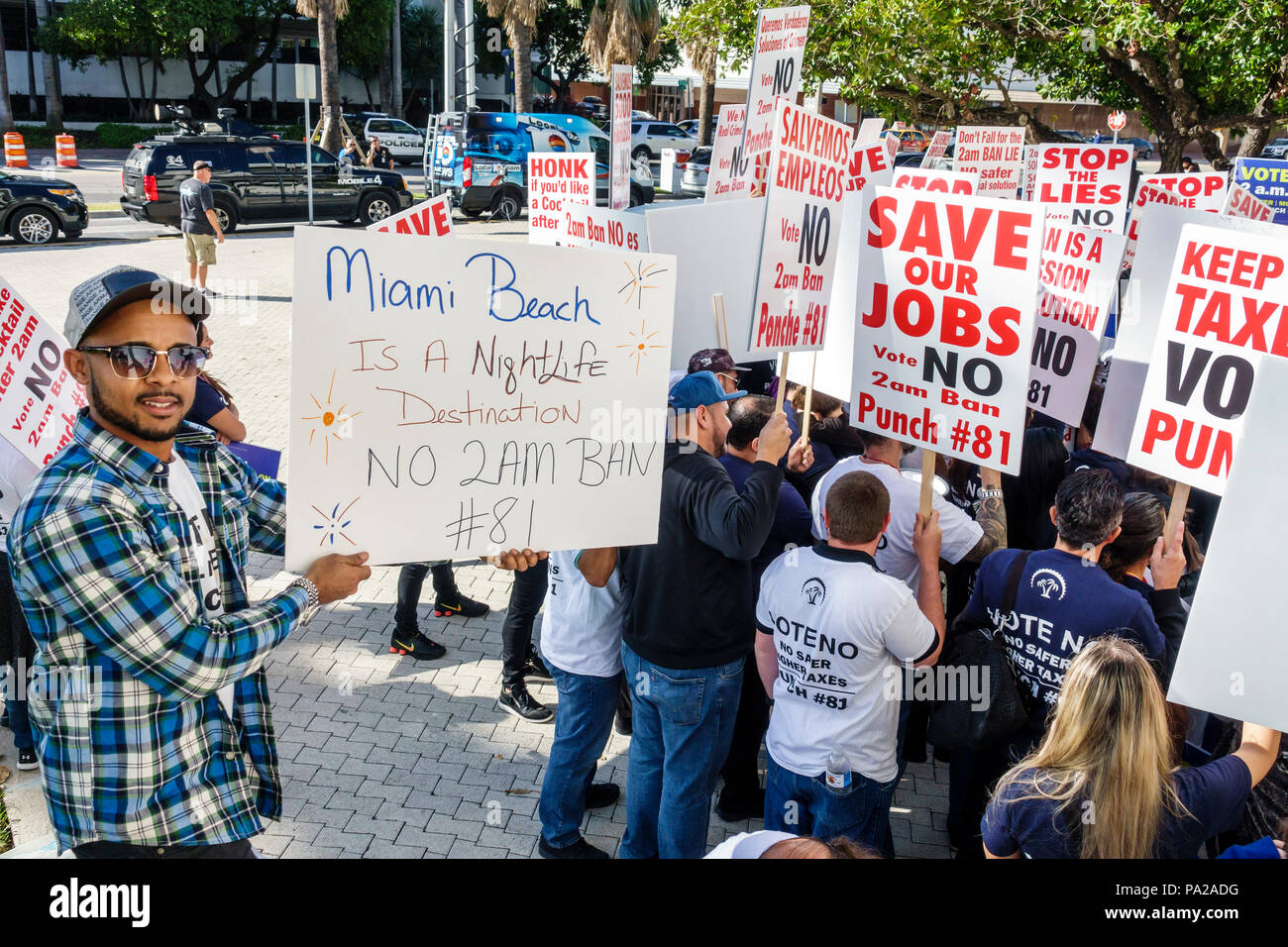 Miami Beach Florida,City Hall,hotel workers,protest protesting demonstration no serving alcohol liquor closing bars 2 AM jobs,ballot question,vote No, Stock Photo