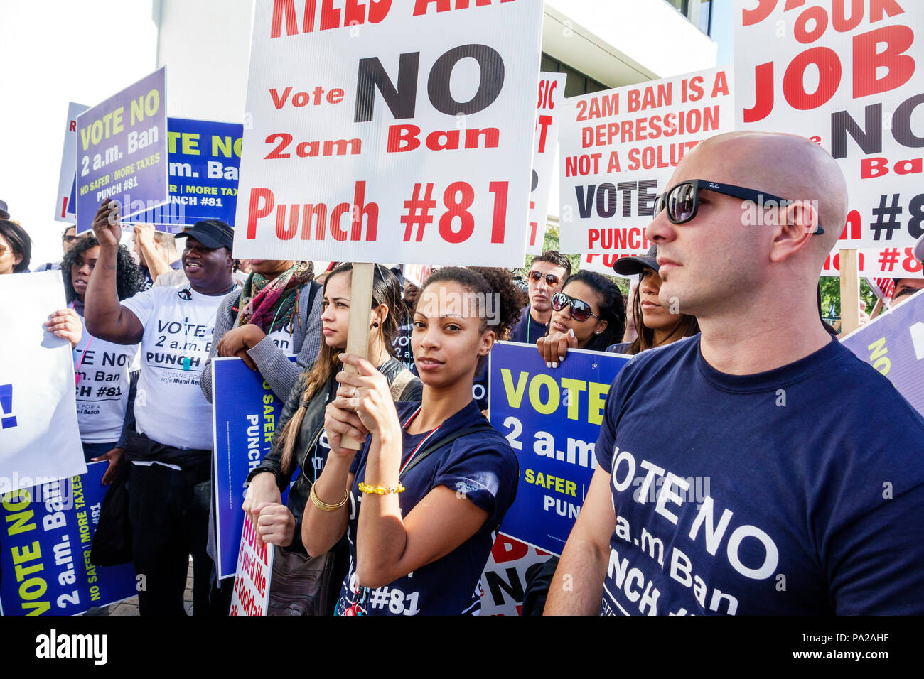 Miami Beach Florida,City Hall,hotel workers,protest protesting demonstration no serving alcohol liquor closing bars 2 AM jobs,ballot question,vote No, Stock Photo