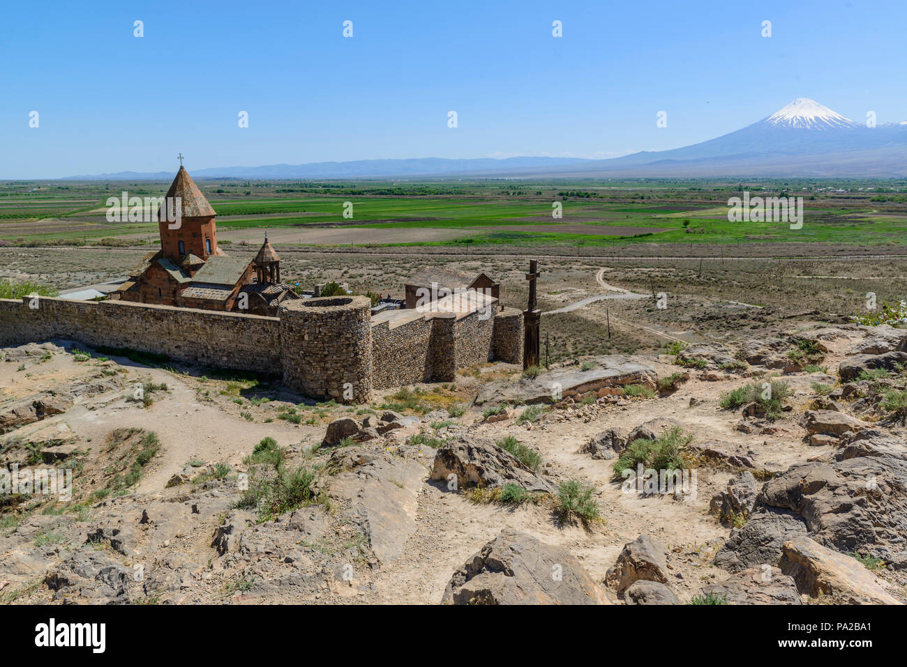 Khor Virap Monastery in Armenia. Mt Ararat on background. Stock Photo