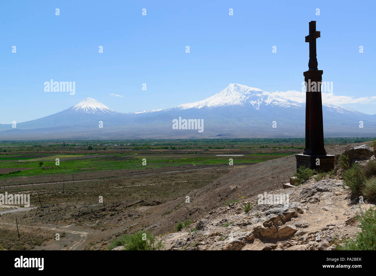 Holy Cross at Khor Virap Monastery in Armenia. Mt Ararat on background. Stock Photo