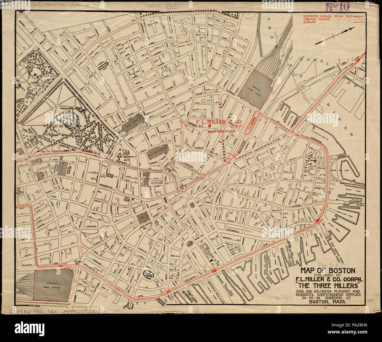. English: Map of downtown Boston, dated 1911. However, the configuration of the subway lines, with the East Boston Tunnel but not the Washington Street Tunnel, dates the actual map content to between 1904 and 1908. circa 1904-1908 (data) 1911 (dated) 31 1911 downtown Boston map Stock Photo