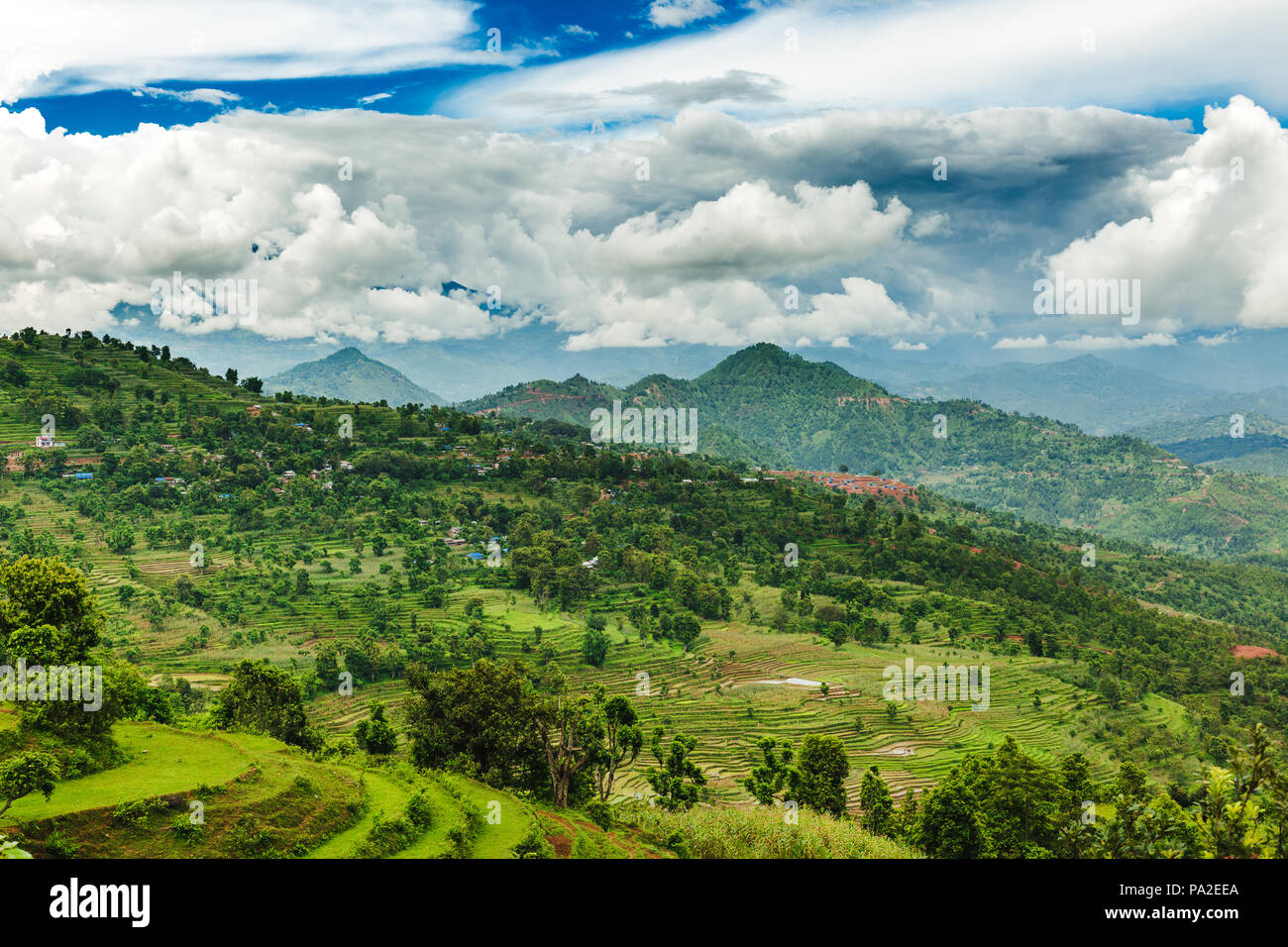 Scenery of beautiful Nepali rural village with mountains and green