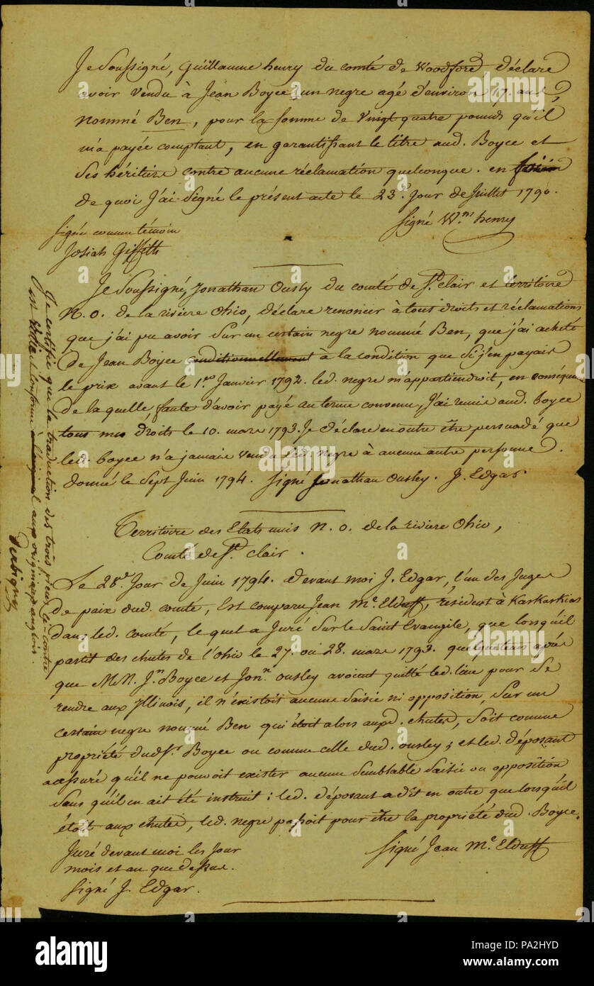 384 Deposition signed Jean McElduff, a resident of Kaskaskia, before J. Edgar, a justice of the peace in St. Clair County, Territory of the United States Northwest of the Ohio River, June 28, 1794 Stock Photo