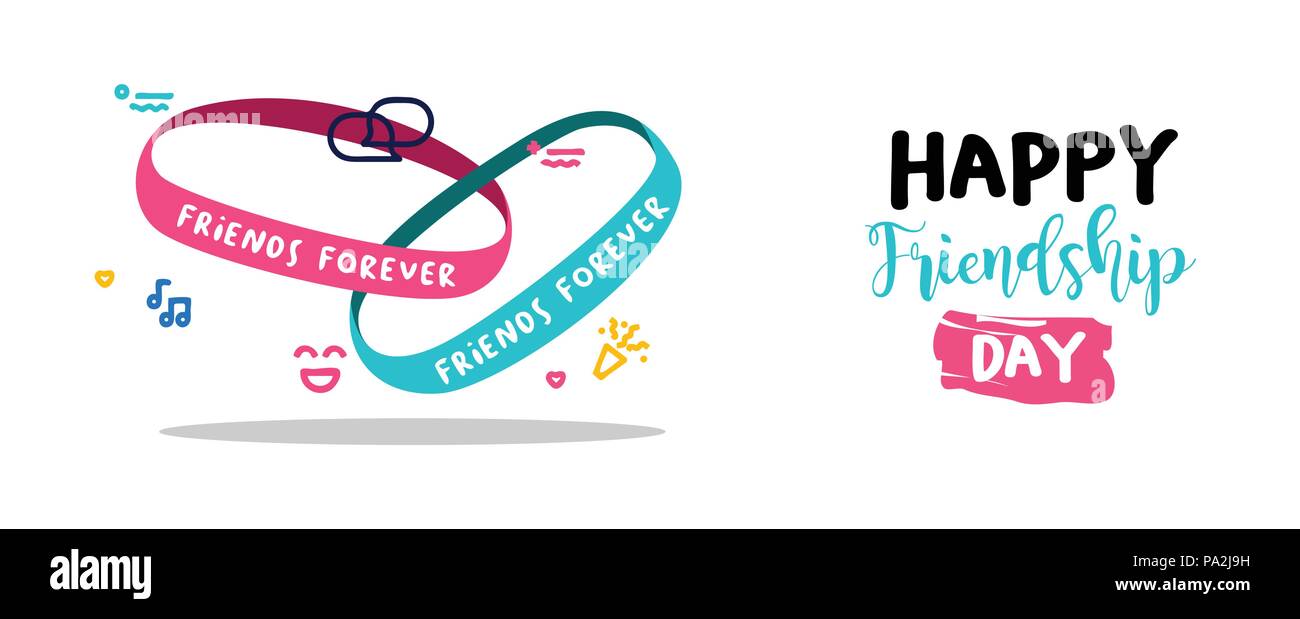 Happy Friendship day holiday web banner of cute friend bracelet. Friends forever wrist band with text quote message. EPS10 vector. Stock Vector