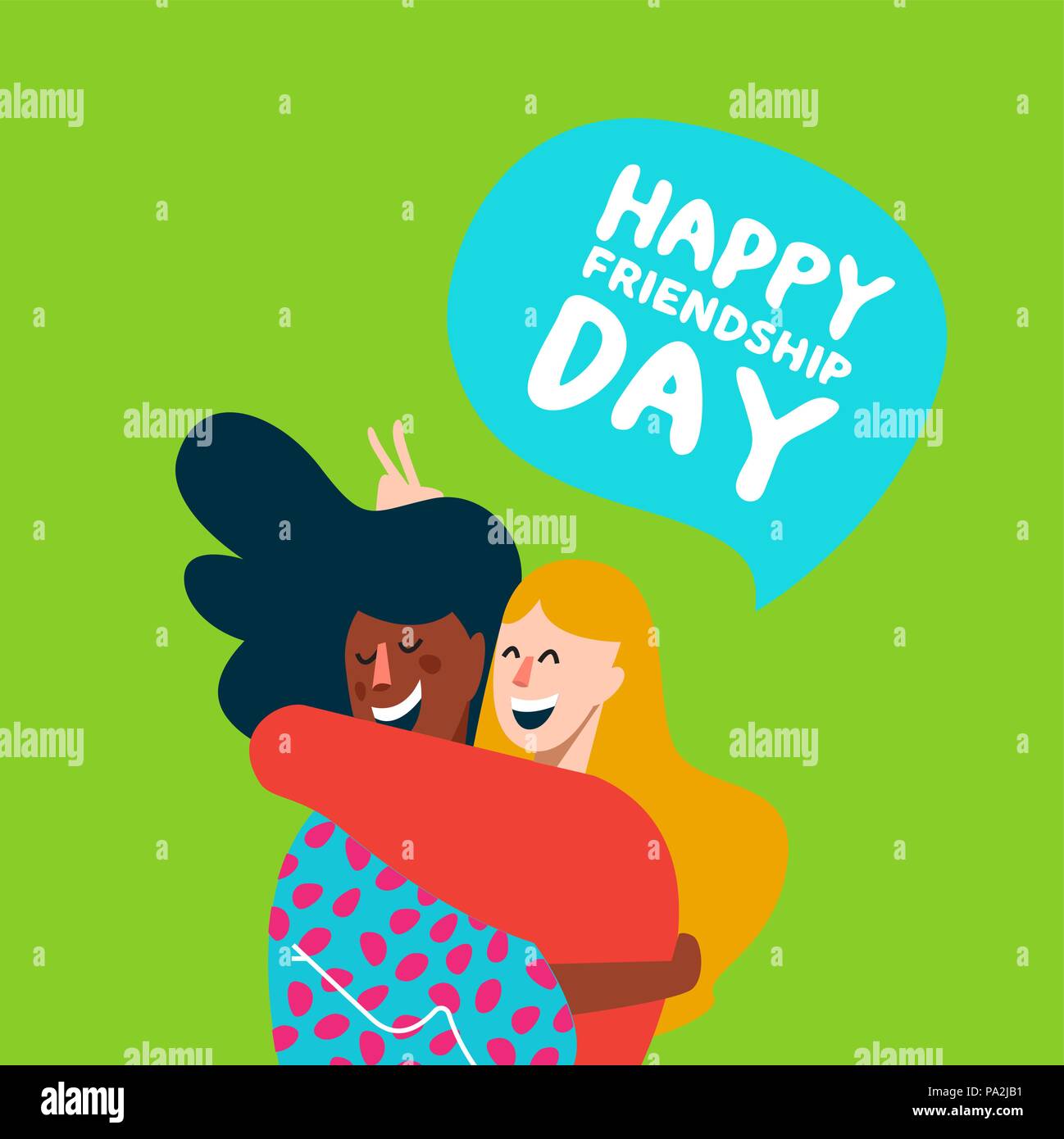 Happy friendship day card with two diverse girl friends hugging and smiling together for friend holiday celebration. EPS10 vector. Stock Vector