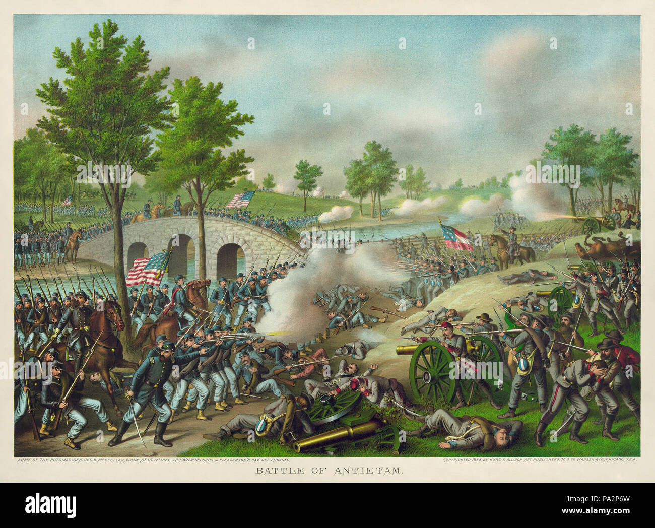 . English: 'Battle of Antietam. Army of the Potomac: Gen. Geo. B. McClellan, comm., Sept. 17' 1862. - 1' 2' 4' 6' 9' 12' Corps & Pleasanton's cav. div. engaged.' Color lithograph. Français : « La Bataille d'Antietam (17 septembre 1862). Armée du Potomac: Le général B. McClellan, commandant les 1er, 2e, 4e, 6e, 9e et 12e divisions de cavalerie de Corps & Pleasanton. » Lithographie en couleurs. circa 1888 188 Battle of Antietam2 0.5 Stock Photo